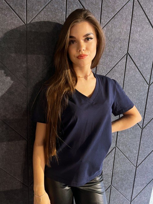 Granatowy t-shirt damski vneck bawełniany polska produkcja 